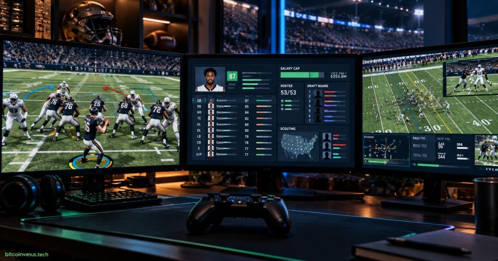 Football gaming setup showing gameplay, franchise management and broadcast presentation concepts