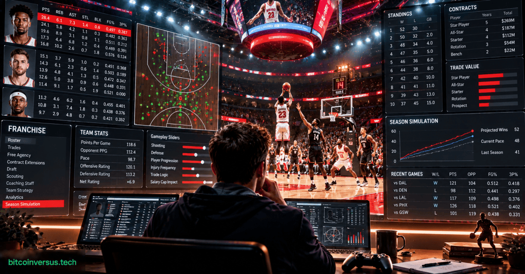 Conceptual sports-game franchise simulation scene with basketball action, statistics dashboards, standings, contracts and gameplay sliders.