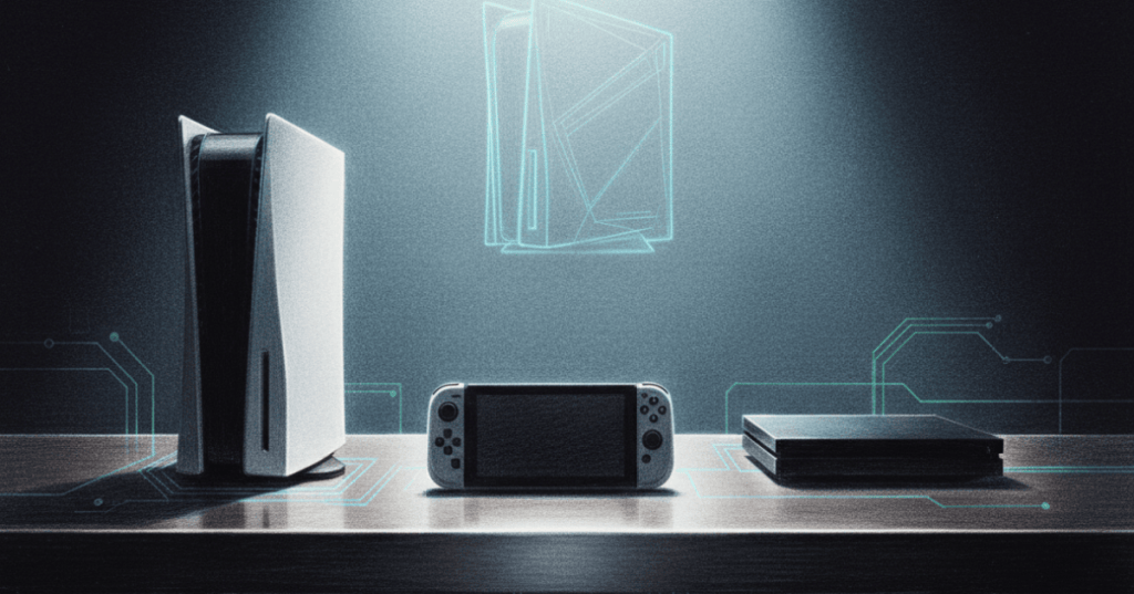 Color-pencil illustration of current-generation gaming hardware in the foreground with a hazy future console silhouette in the distance.