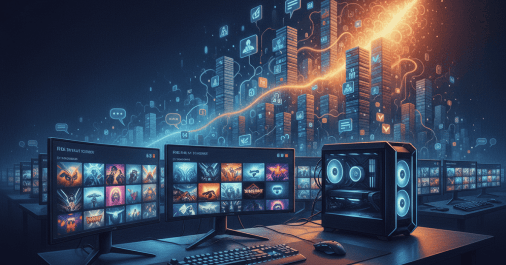 Color-pencil illustration of a busy PC gaming storefront ecosystem with rising digital game sales and a gaming PC setup.