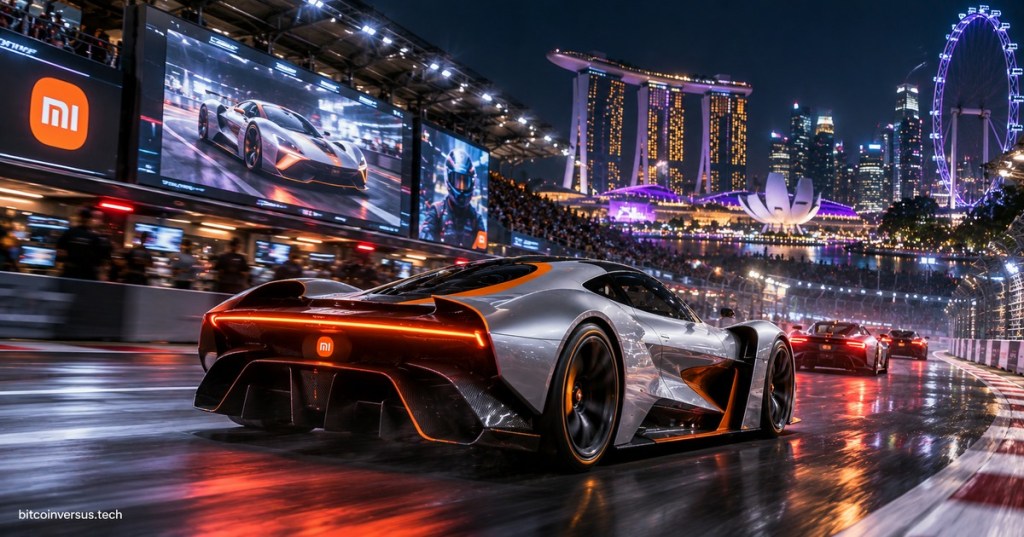 Futuristic silver Xiaomi concept hypercar racing through a neon-lit Singapore-inspired Gran Turismo event