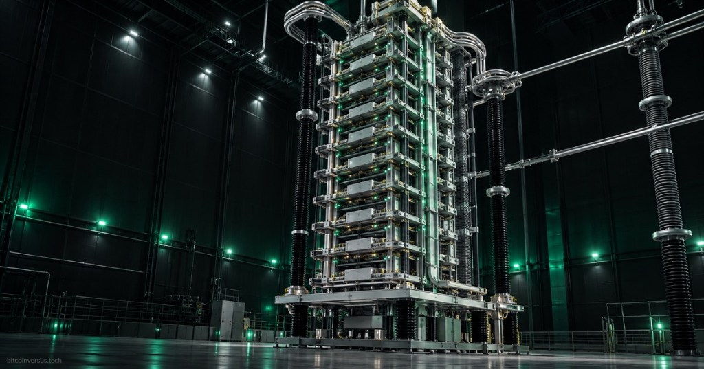 Dark technical illustration of a high-voltage modular VSC HVDC converter valve in an electrical test hall