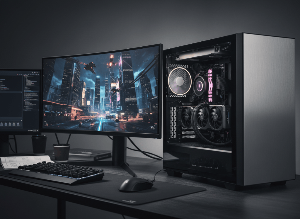 High-end gaming PC rendering a complex ray-traced science-fiction scene while shader processing is optimized