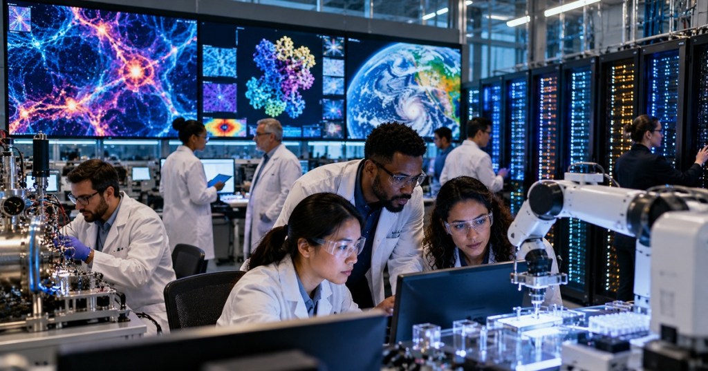 Scientists work with supercomputers, robotics, and laboratory instruments in an AI-enabled research facility.