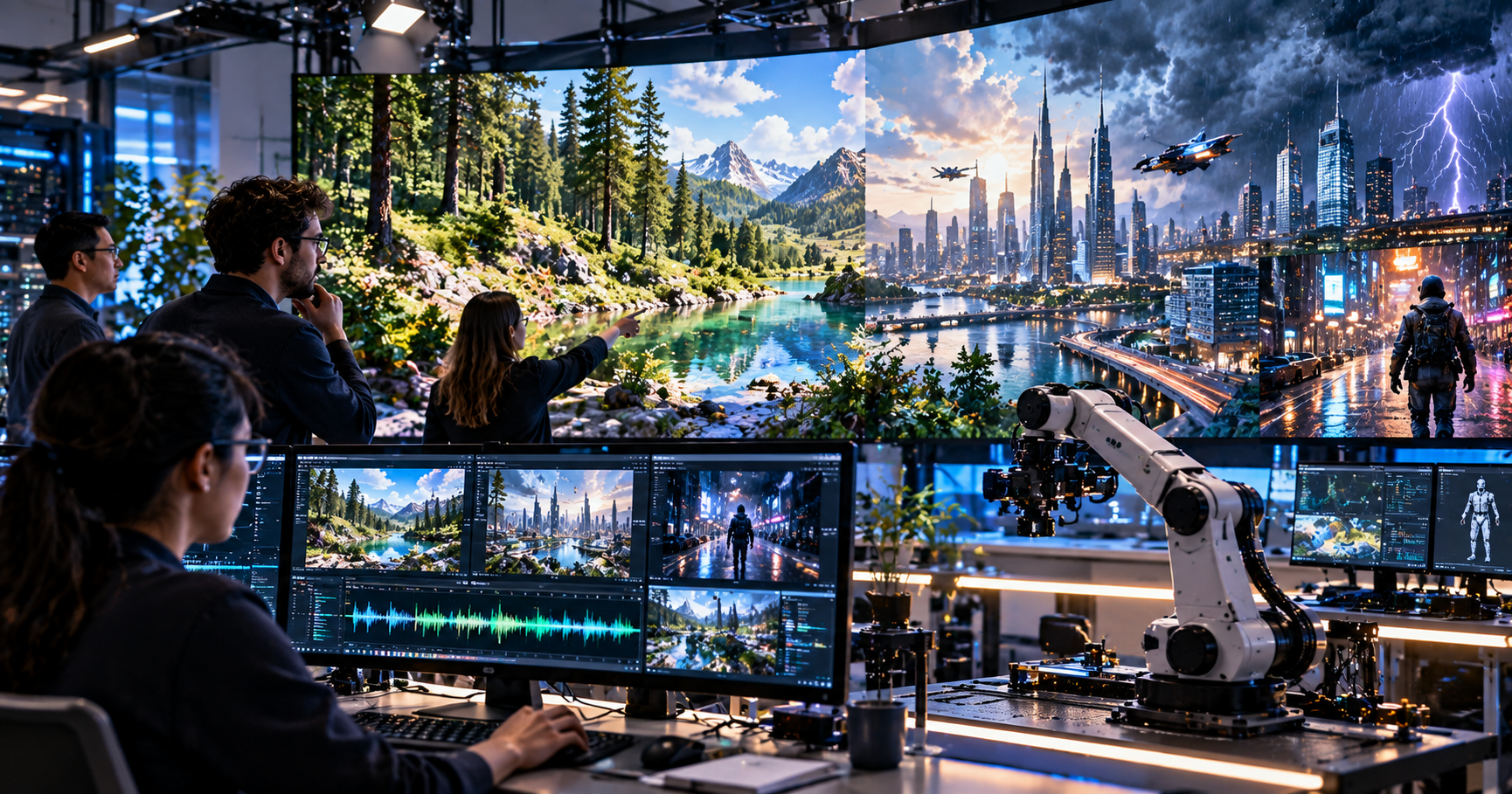 Illustration of a simulated forest and futuristic city in an AI research laboratory