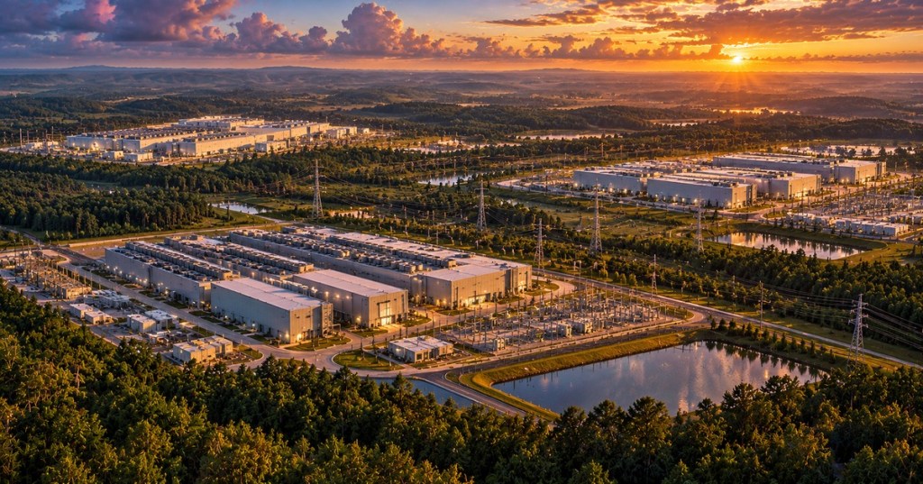 Detailed sunset editorial artwork of large data center campuses with power substations and transmission lines among Georgia pine forests