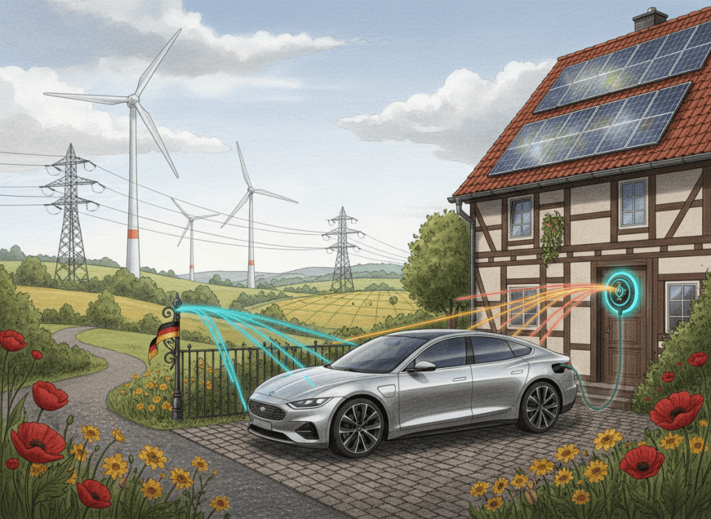 Electric vehicle connected to a bidirectional charger, exchanging power with a German home and electricity grid.