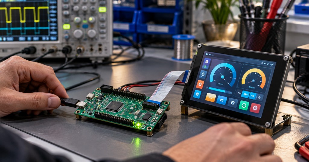 Realistic editorial photograph of an engineer connecting a microcontroller development board to a small graphical touchscreen in an electronics lab
