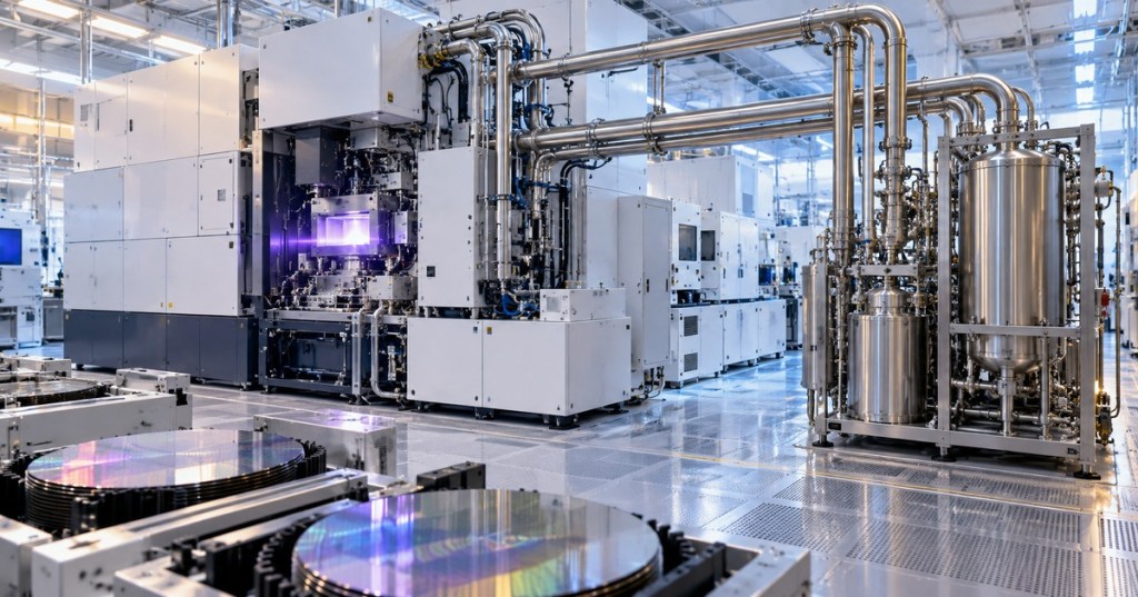 Photorealistic semiconductor fab with lithography equipment, silicon wafers and industrial gas-handling hardware representing neon recycling for ArF DUV laser systems.