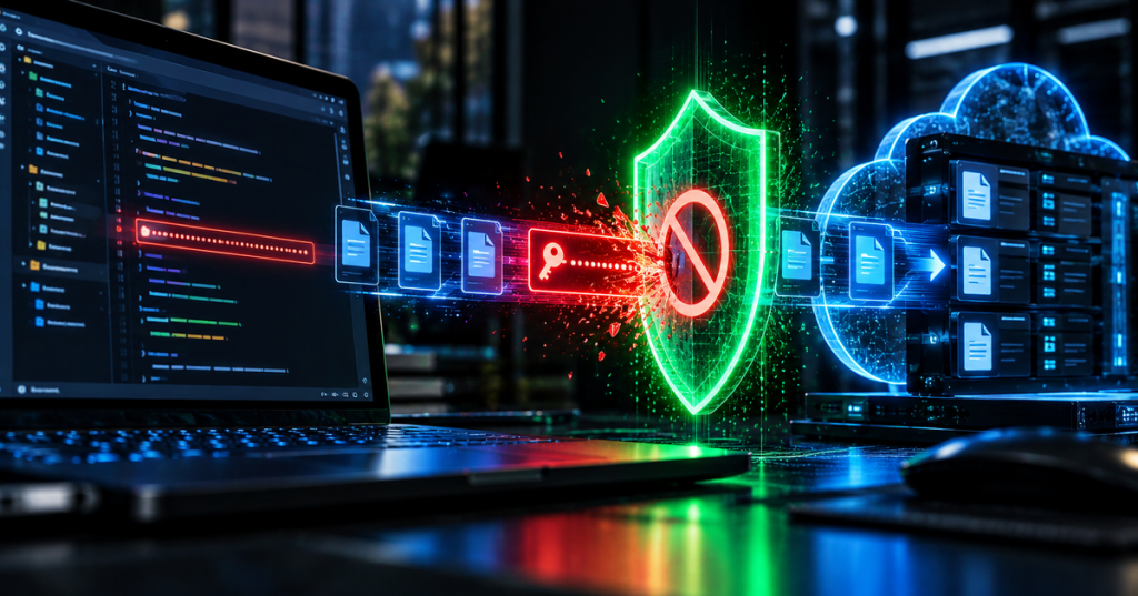 Cybersecurity shield blocking an exposed API key before files reach a code repository