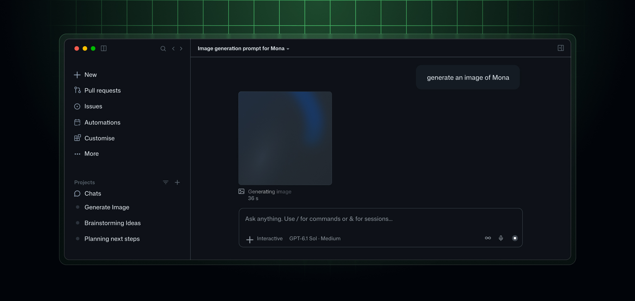 GitHub Copilot app demonstrating image generation from a natural-language request