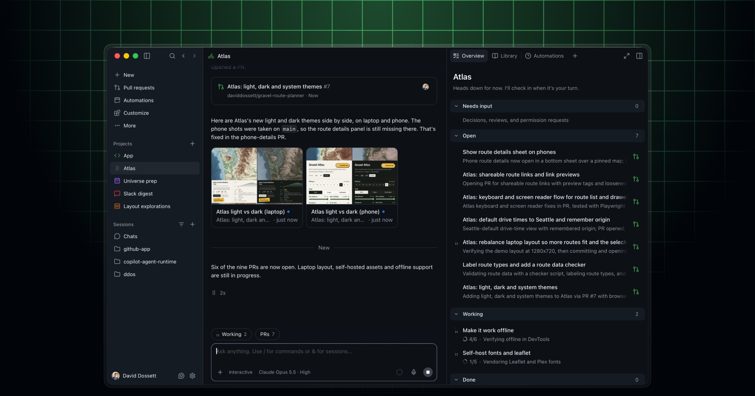 GitHub Copilot desktop app showing Projects navigation and workspace