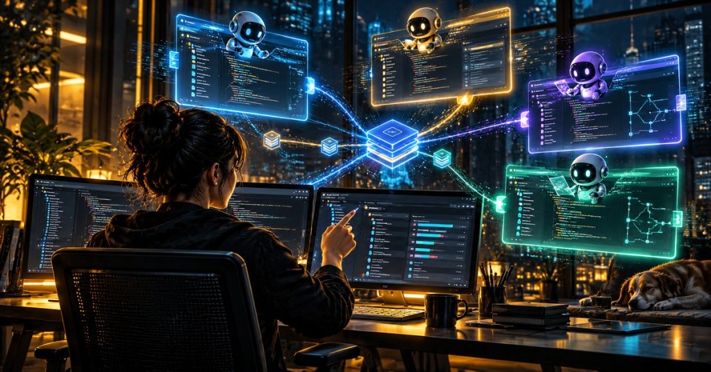 Anime-inspired illustration of a software developer coordinating several AI agents working on different software projects at a desk