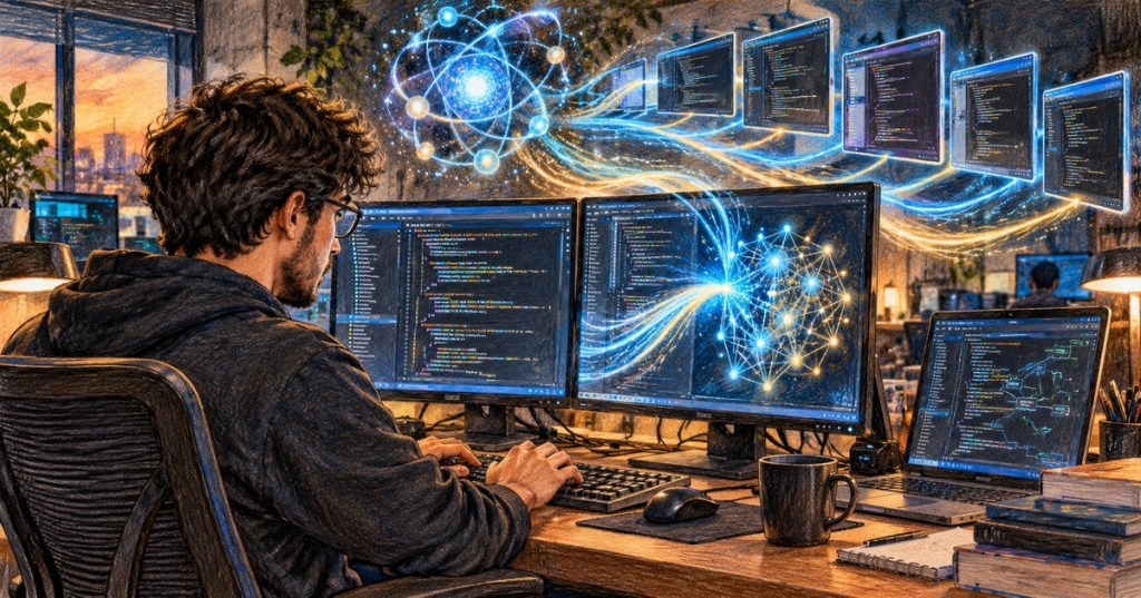 Realistic color-pencil illustration of a developer using an AI coding assistant across multiple code editors and agent workflows.