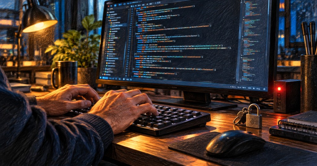 Colored-pencil illustration of a developer workstation and source code during a cybersecurity review