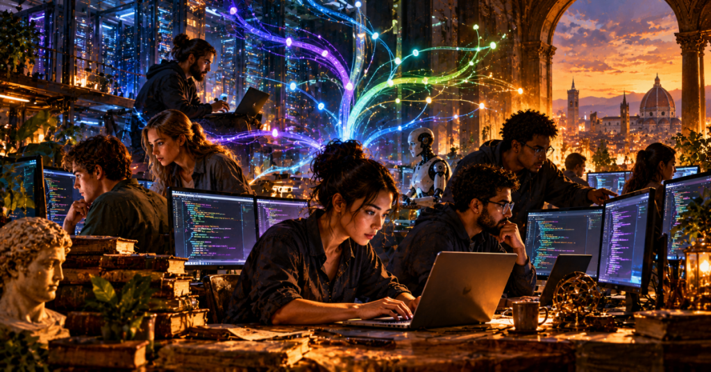 Modern Renaissance-style diverse software development team working with laptops and symbolic code streams in a warmly lit architectural studio