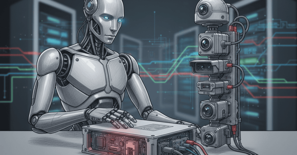 Physical AI robot and edge-compute semiconductor hardware in a modern robotics development environment
