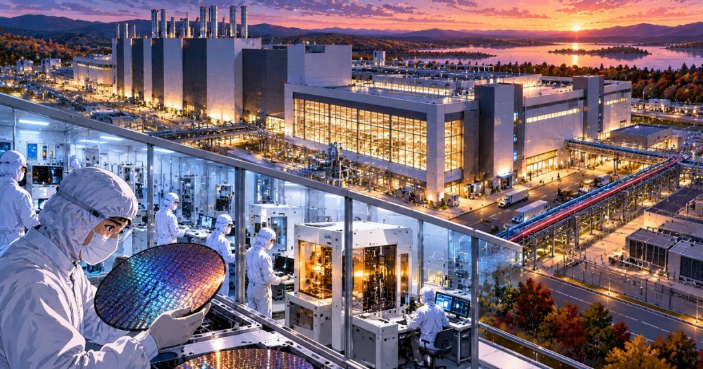 Anime-style editorial illustration of semiconductor technicians and a large New York chip-fabrication campus at sunset.