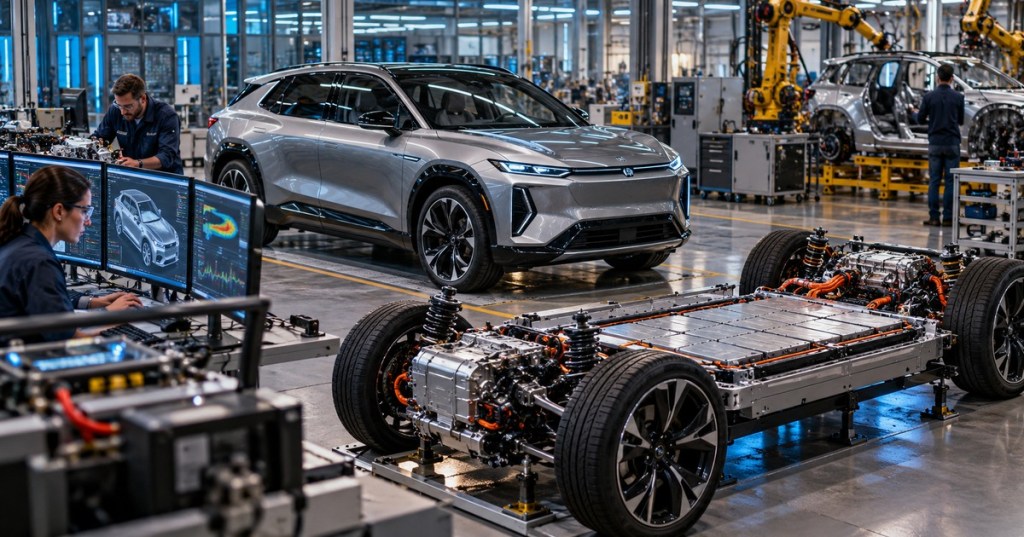 Editorial illustration of a future electric vehicle and exposed battery platform in an advanced automotive laboratory; concept art, not a real GM vehicle