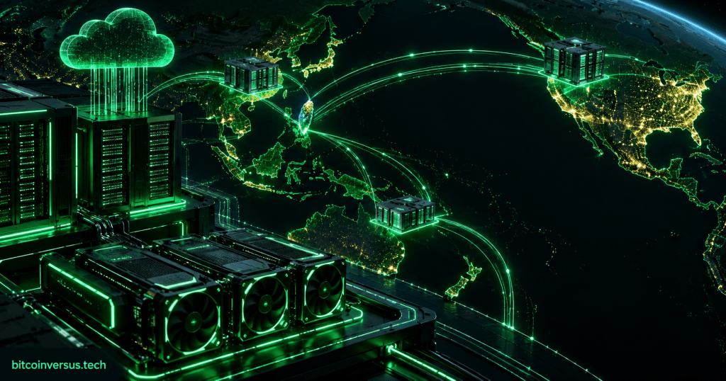 Neon green global AI cloud infrastructure linking GPU data centers across Asia-Pacific and North America.