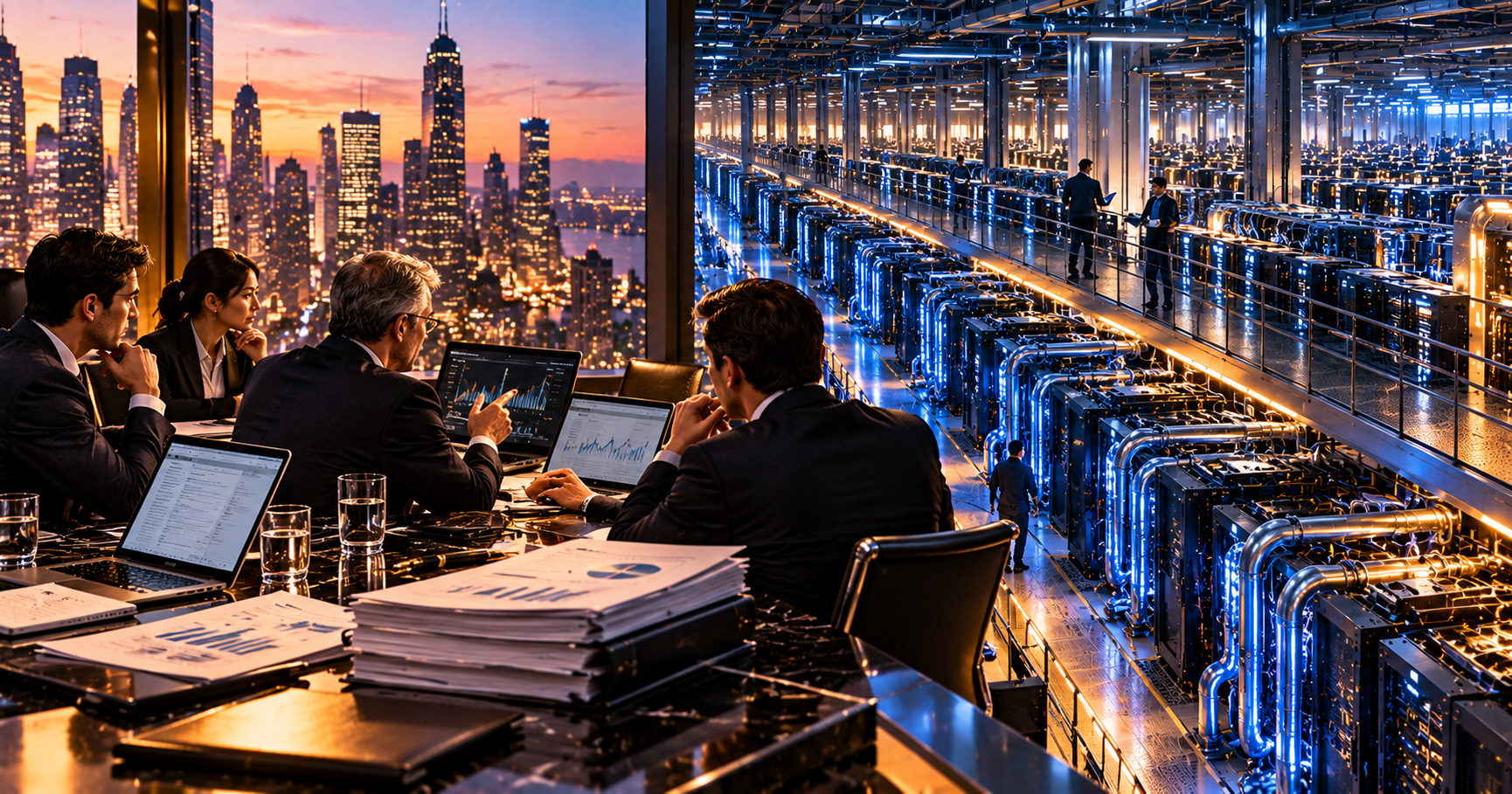 Original conceptual editorial artwork showing a financial boardroom and AI server infrastructure