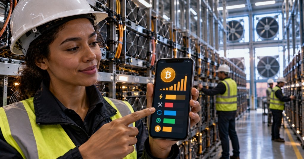 A technician reviews Bitcoin mining reward metrics on a phone inside a large ASIC mining facility.