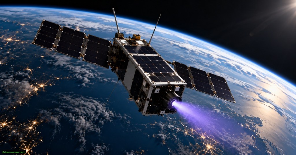 A compact CubeSat in low Earth orbit firing a purple electric propulsion plume above Earth, representing ESA and GomSpace's GOMX-5 mission.