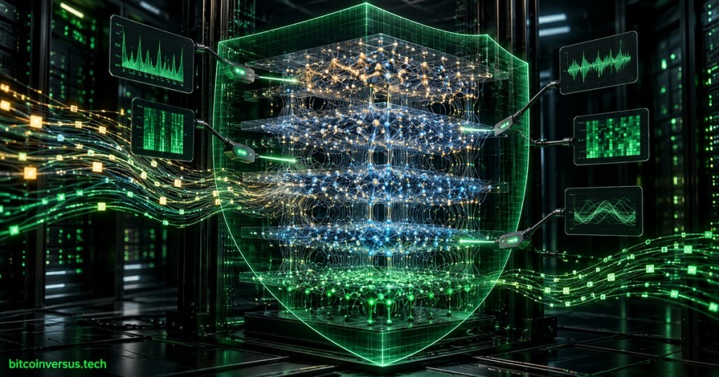 Technical illustration of probes monitoring the internal activations of an AI model in a dark cybersecurity environment.