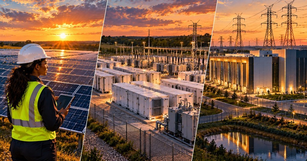 Original split-scene illustration of an engineer at a solar farm, battery storage equipment, and a data center at sunset, representing planned Indiana power infrastructure.