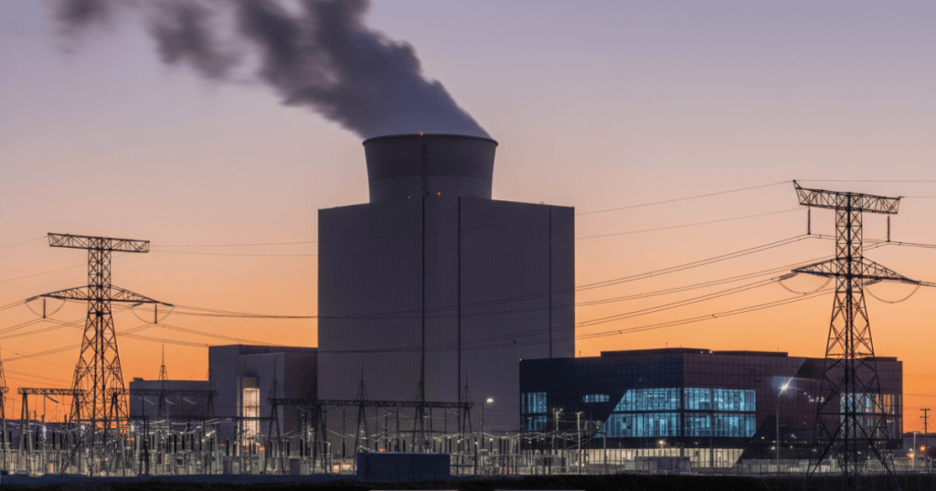 Nuclear power station and transmission lines feeding an AI data center in an editorial scene about Google and Constellation Energy.