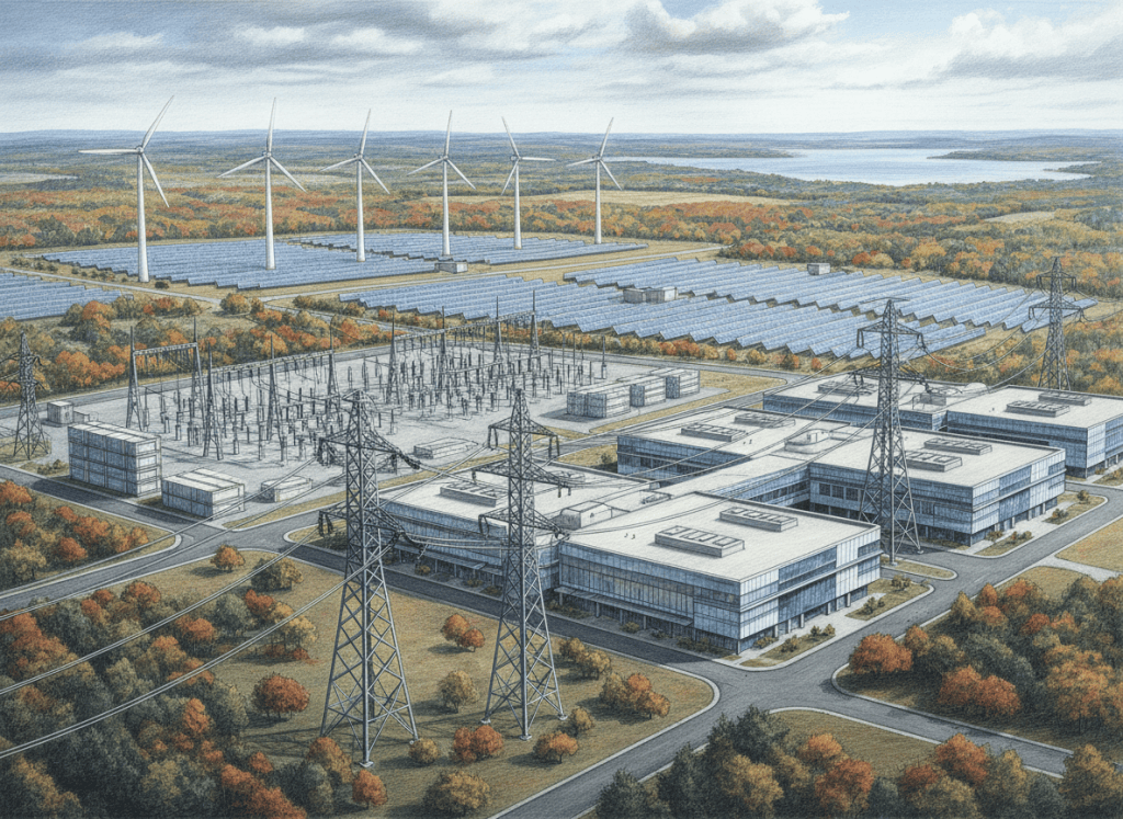 Color-pencil illustration of a Michigan data center connected to transmission lines, renewable energy and battery storage.