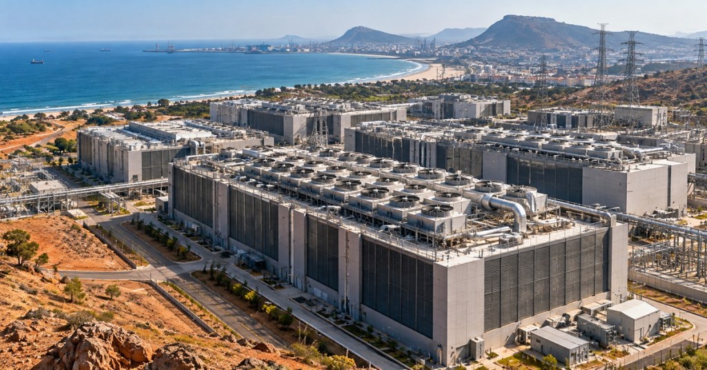 Photorealistic aerial editorial illustration of a large coastal AI data center campus with extensive rooftop air-cooling equipment and power infrastructure.