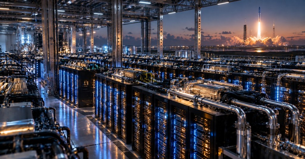 Photorealistic AI data center with dense GPU server racks and a rocket launching beyond the facility at dusk