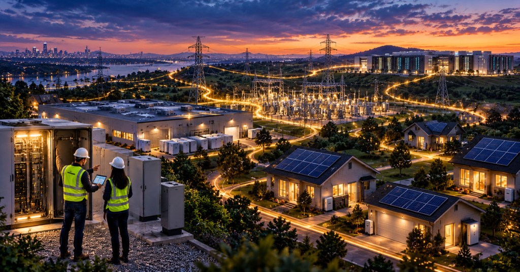 An editorial illustration of home rooftop solar, battery installations, power transmission equipment and a distant data center connected across a smart grid at sunset.