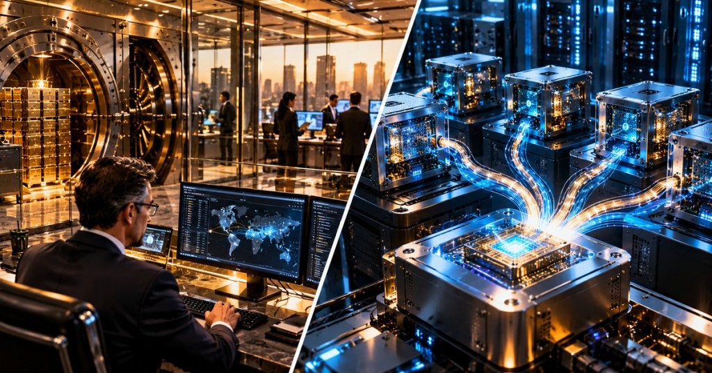Split-screen editorial image of a bank security operations center beside an array of confidential computing servers representing Google Cloud distributed cryptographic signing