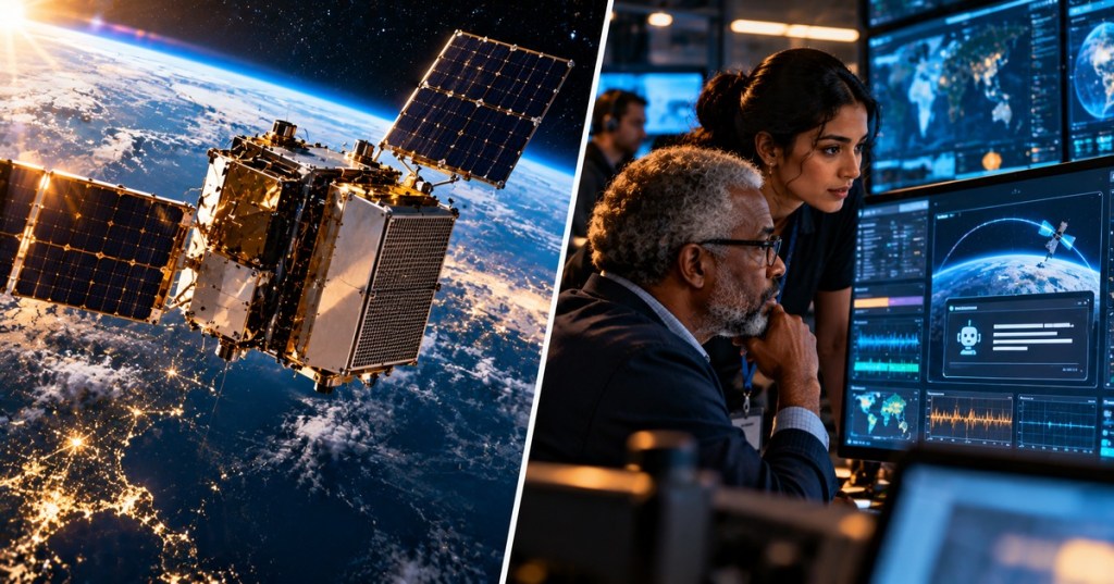 Original split-screen editorial illustration of a compact solar-powered satellite above Earth alongside mission controllers watching an AI response