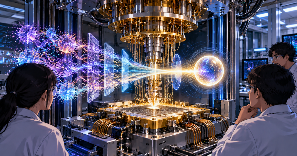 Anime-style editorial illustration of a quantum computing lab where noisy quantum states are filtered into a stable high-fidelity state around a cryogenic processor.