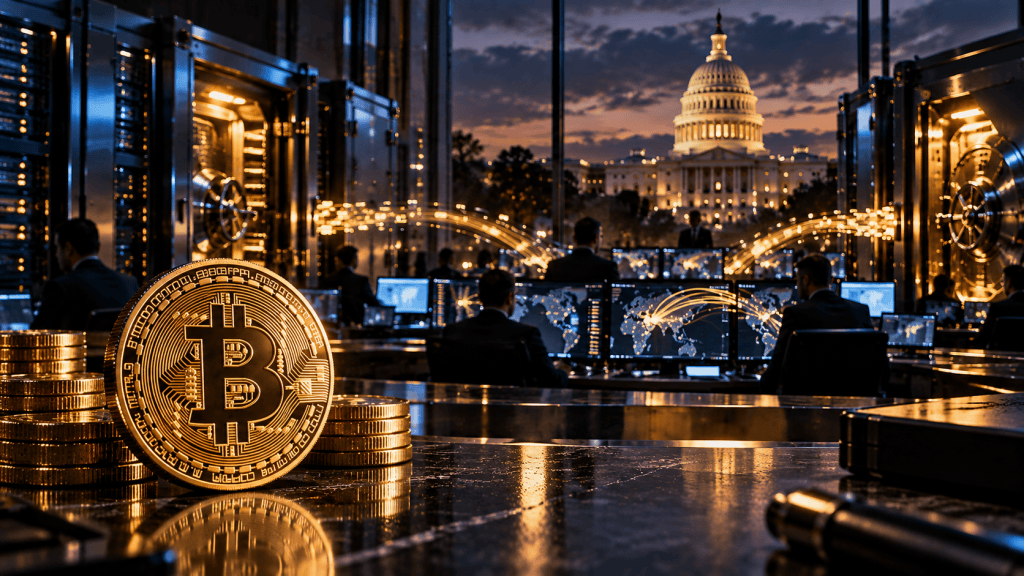 Editorial illustration of Bitcoin in a digital asset vault overlooking the US Capitol