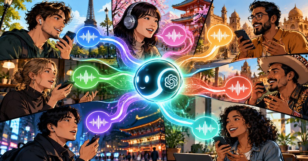 Wordless comic-style editorial illustration showing people in several countries speaking with a multilingual AI voice assistant through phones and headsets.