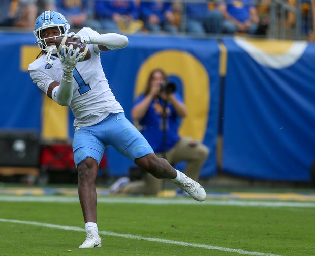 North Carolina defensive back Greg Smith intercepts a pass against Pittsburgh on October 10, 2026