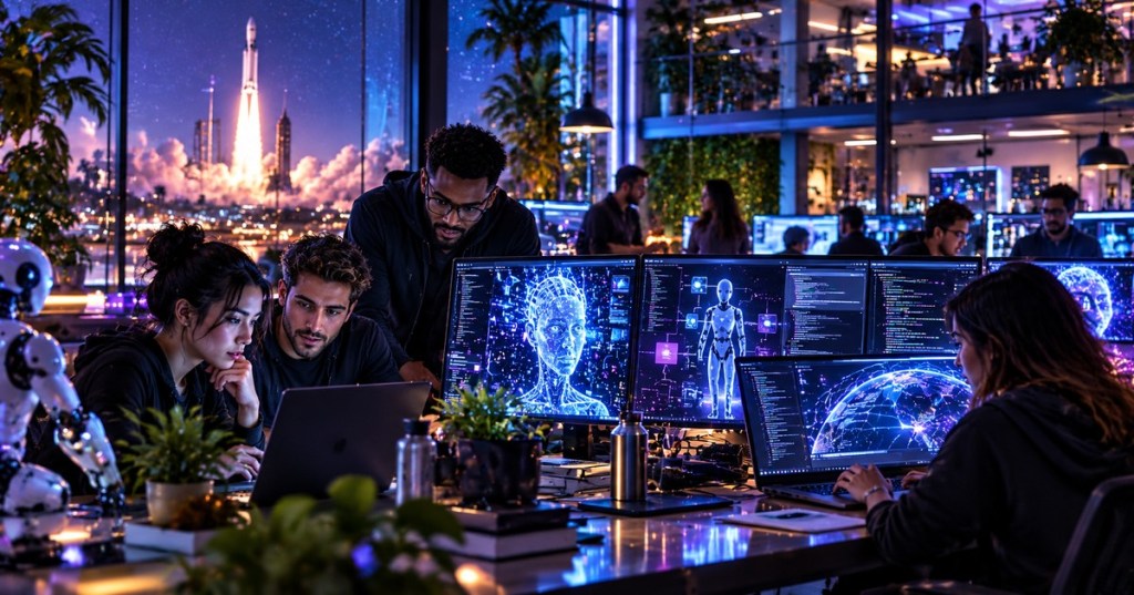 Richly detailed startup engineering office with AI coding displays and a rocket launch beyond the windows
