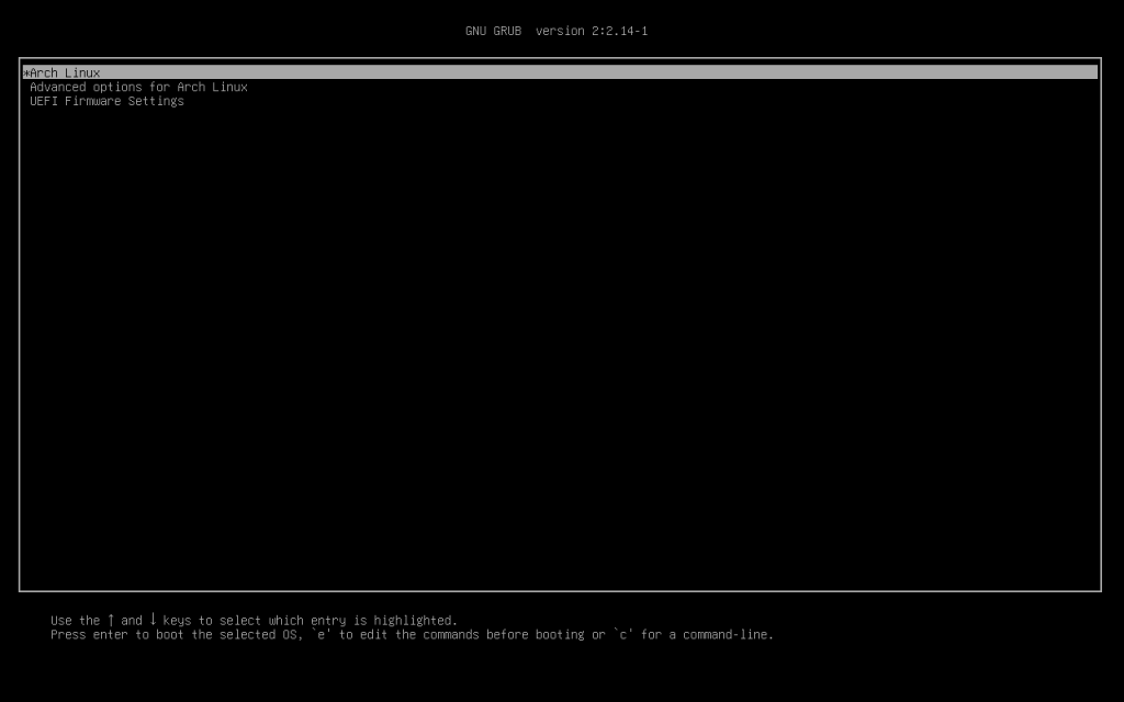 GNU GRUB 2 boot menu showing Arch Linux, advanced options, and UEFI firmware settings.