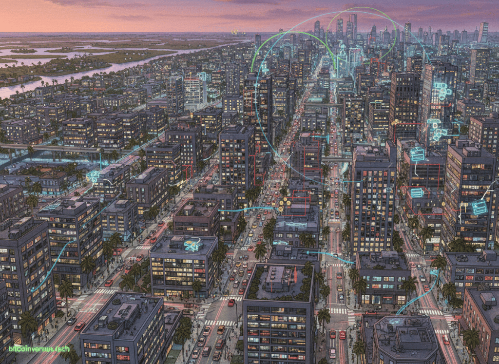 Dense neon coastal open world with city blocks, interiors, traffic, pedestrians and subtle streaming-cell overlays illustrating game-engine world density.