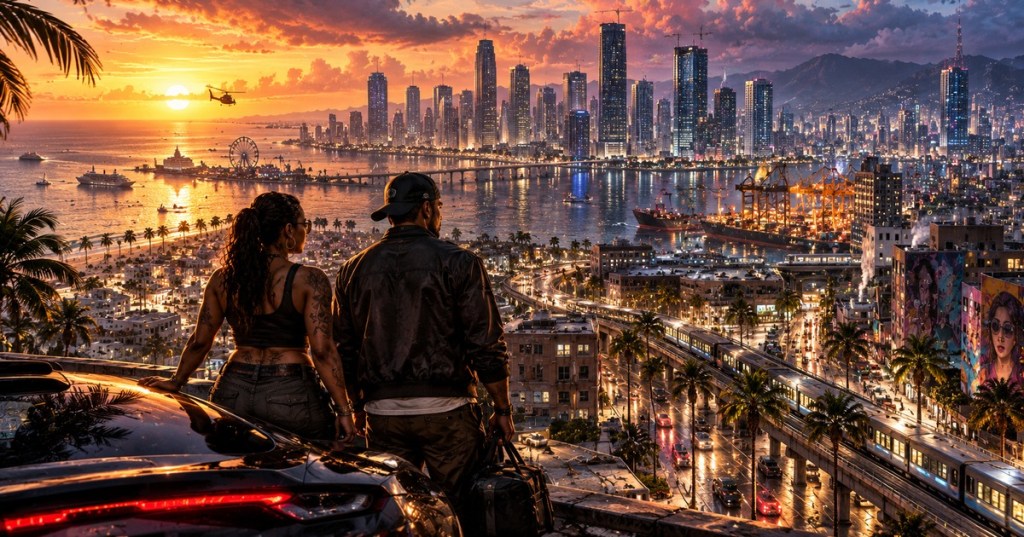 Conceptual GTA VII editorial illustration: two figures overlook a sprawling neon coastal city with streets, boats and elevated rail at sunset; not official Rockstar footage or art.