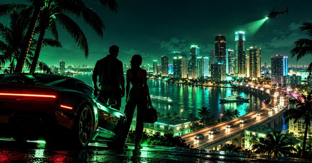 Original editorial image of two crime-game protagonists beside a supercar overlooking a neon coastal city at night.