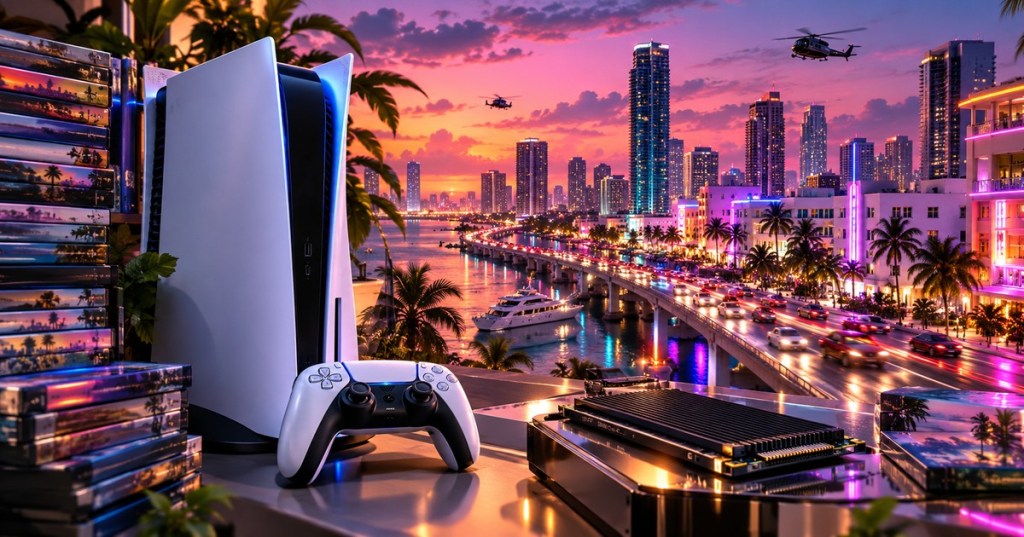 Cinematic editorial cover of a PS5-style console and SSD overlooking a dense neon coastal skyline at sunset