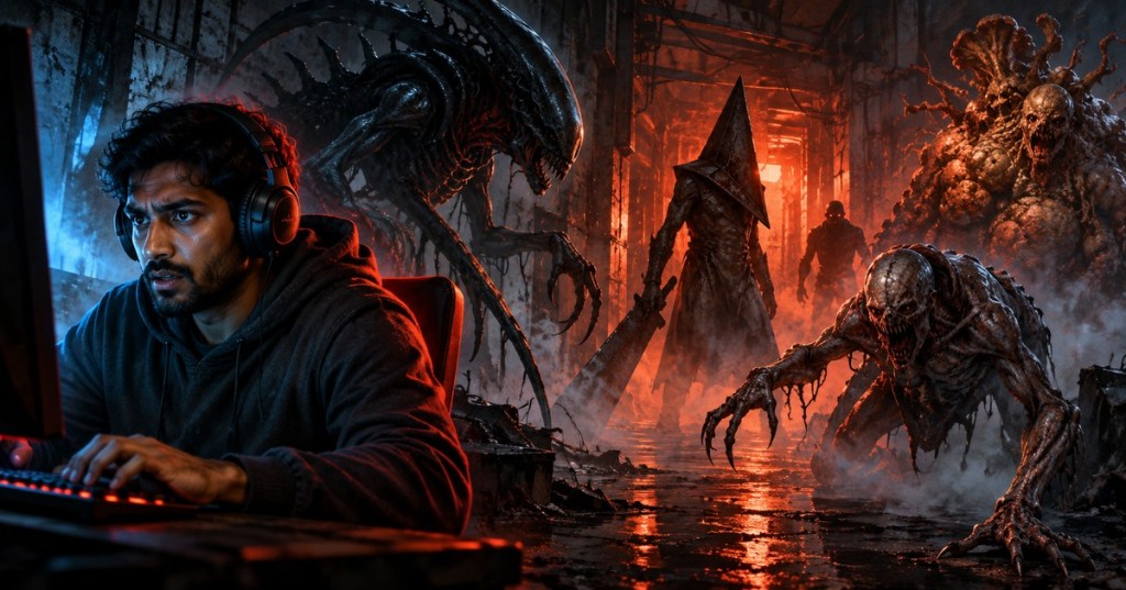 Cinematic editorial artwork of a South Asian adult male gamer facing seven fictional horror game creatures in a dramatic dark corridor.
