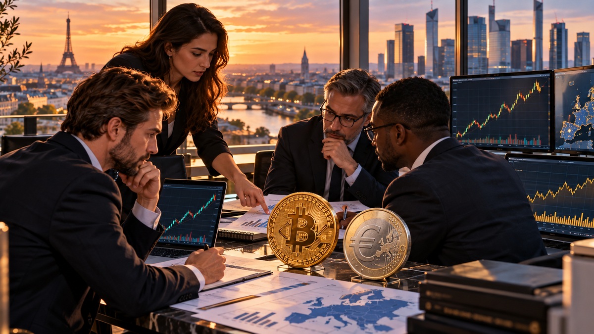 Photorealistic European finance team comparing Bitcoin and euro market exposure in a boardroom overlooking Paris and Frankfurt.