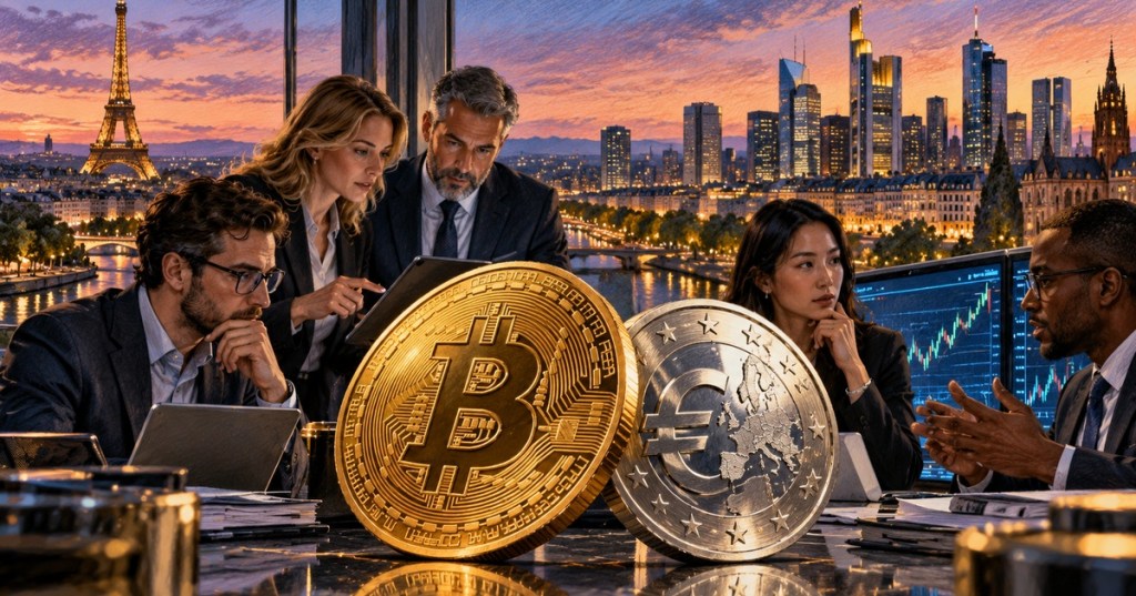 Realistic color-pencil illustration of Bitcoin and euro coins with European financial professionals analyzing markets in Paris and Frankfurt.