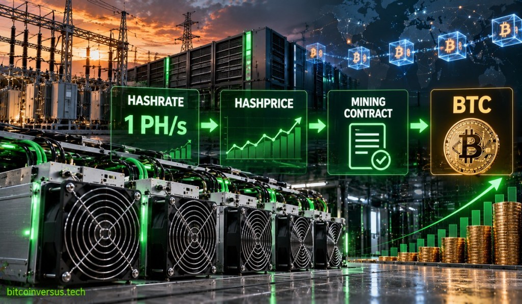 Editorial infographic showing Bitcoin hashrate flowing into hashprice, mining contracts and Bitcoin-denominated returns